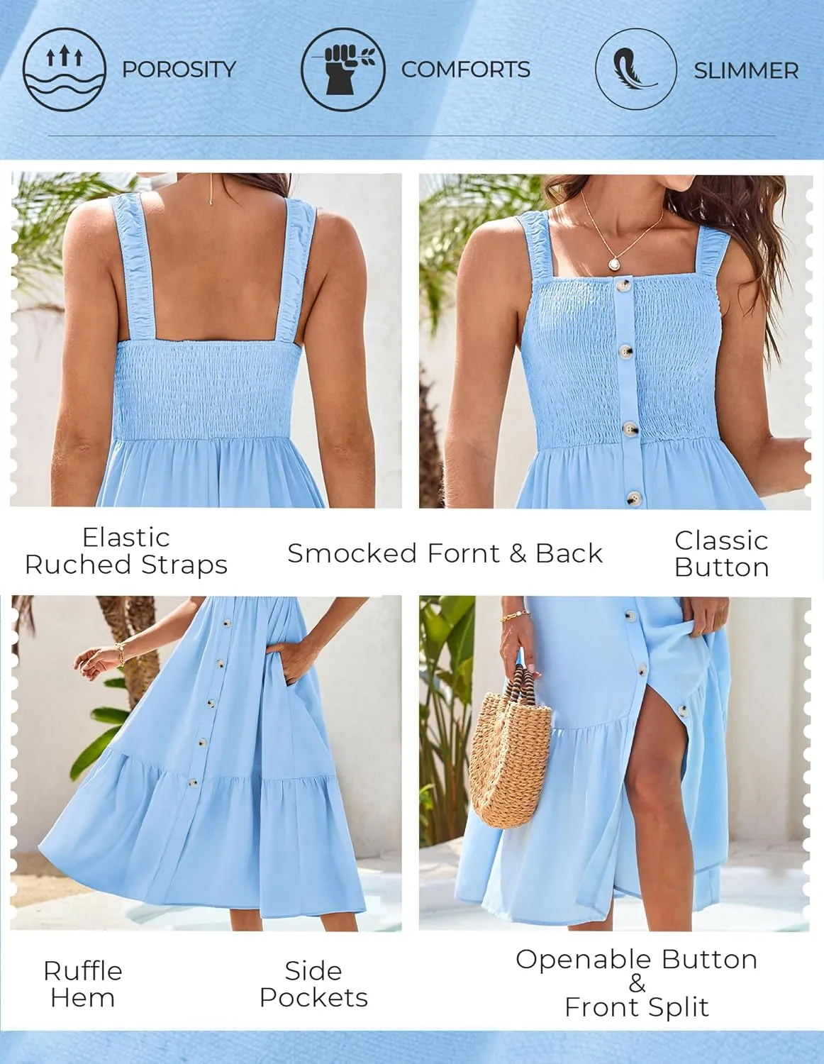 GRACE KARIN Womens Summer 2025 Midi Dress Spaghetti Strap Smocked Button Casual A Line Long Beach Flowy Sun Dresses Pockets