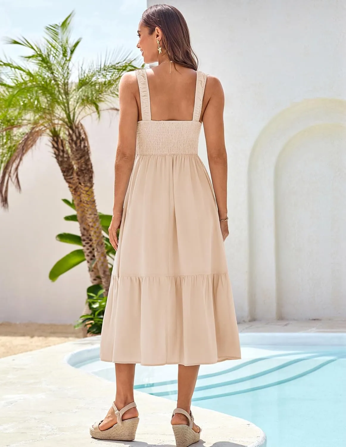 GRACE KARIN Womens Summer 2025 Midi Dress Spaghetti Strap Smocked Button Casual A Line Long Beach Flowy Sun Dresses Pockets