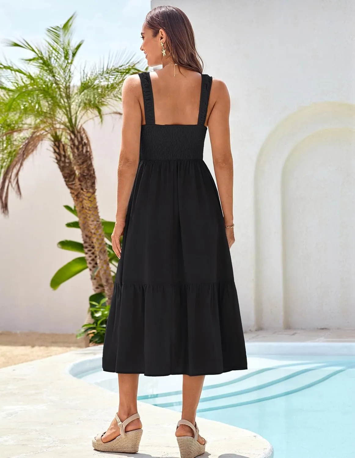 GRACE KARIN Womens Summer 2025 Midi Dress Spaghetti Strap Smocked Button Casual A Line Long Beach Flowy Sun Dresses Pockets