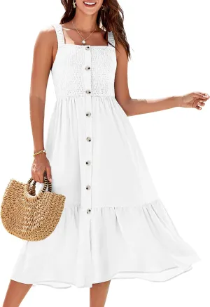 GRACE KARIN Womens Summer 2025 Midi Dress Spaghetti Strap Smocked Button Casual A Line Long Beach Flowy Sun Dresses Pockets