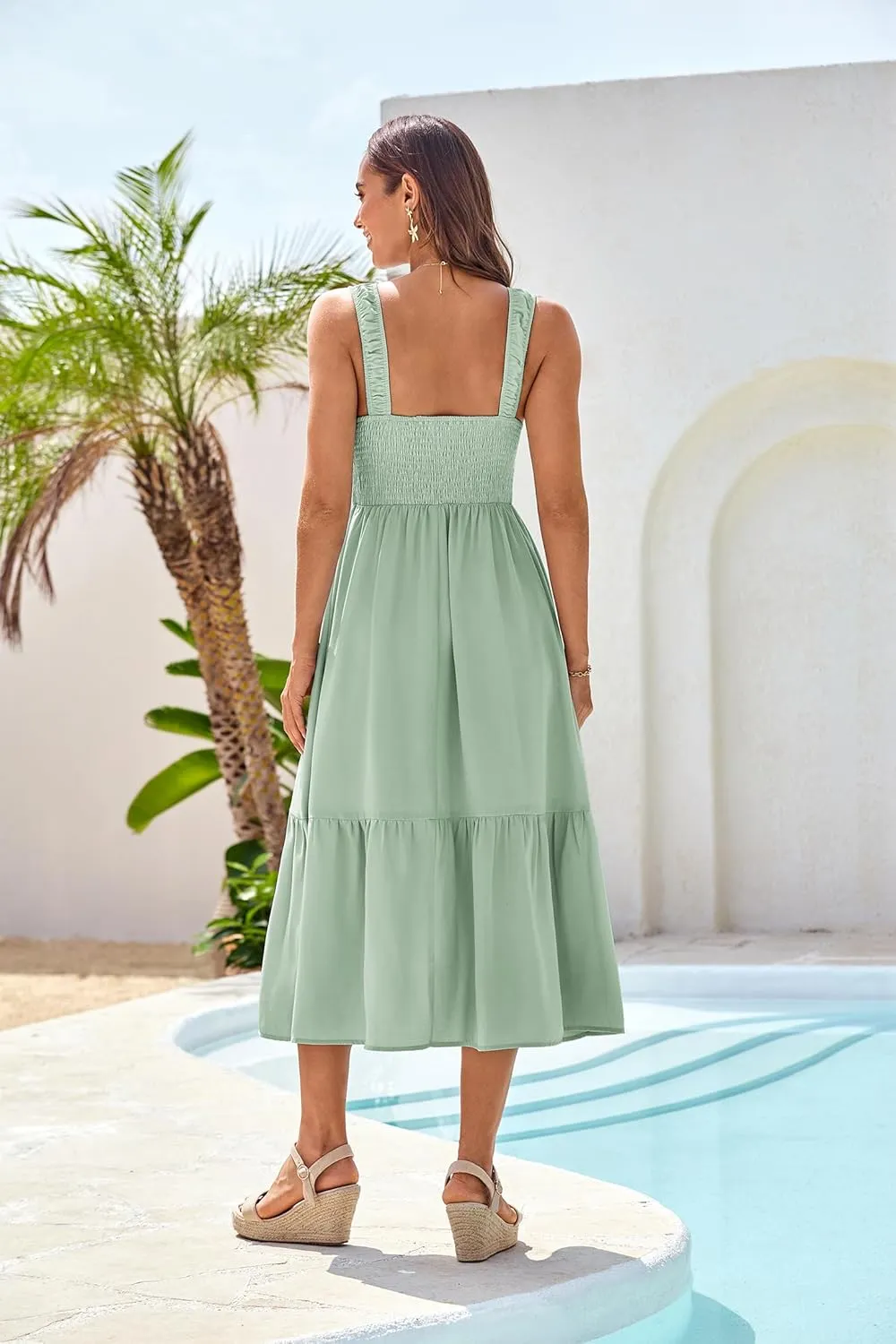 GRACE KARIN Womens Summer 2025 Midi Dress Spaghetti Strap Smocked Button Casual A Line Long Beach Flowy Sun Dresses Pockets