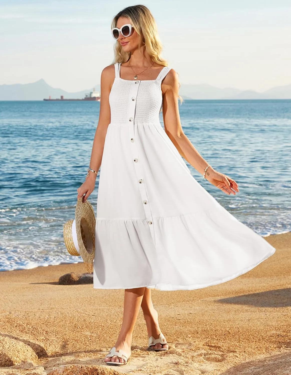GRACE KARIN Womens Summer 2025 Midi Dress Spaghetti Strap Smocked Button Casual A Line Long Beach Flowy Sun Dresses Pockets