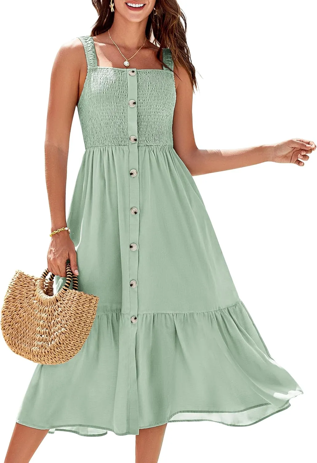 GRACE KARIN Womens Summer 2025 Midi Dress Spaghetti Strap Smocked Button Casual A Line Long Beach Flowy Sun Dresses Pockets