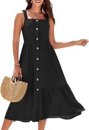 GRACE KARIN Womens Summer 2025 Midi Dress Spaghetti Strap Smocked Button Casual A Line Long Beach Flowy Sun Dresses Pockets