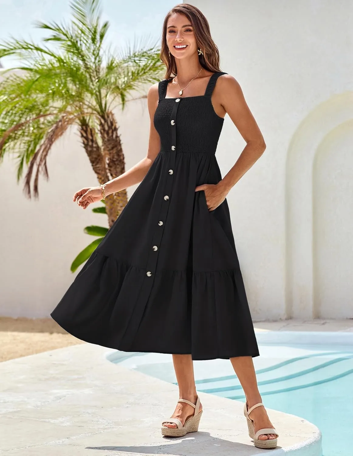 GRACE KARIN Womens Summer 2025 Midi Dress Spaghetti Strap Smocked Button Casual A Line Long Beach Flowy Sun Dresses Pockets
