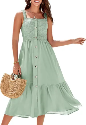 GRACE KARIN Womens Summer 2025 Midi Dress Spaghetti Strap Smocked Button Casual A Line Long Beach Flowy Sun Dresses Pockets