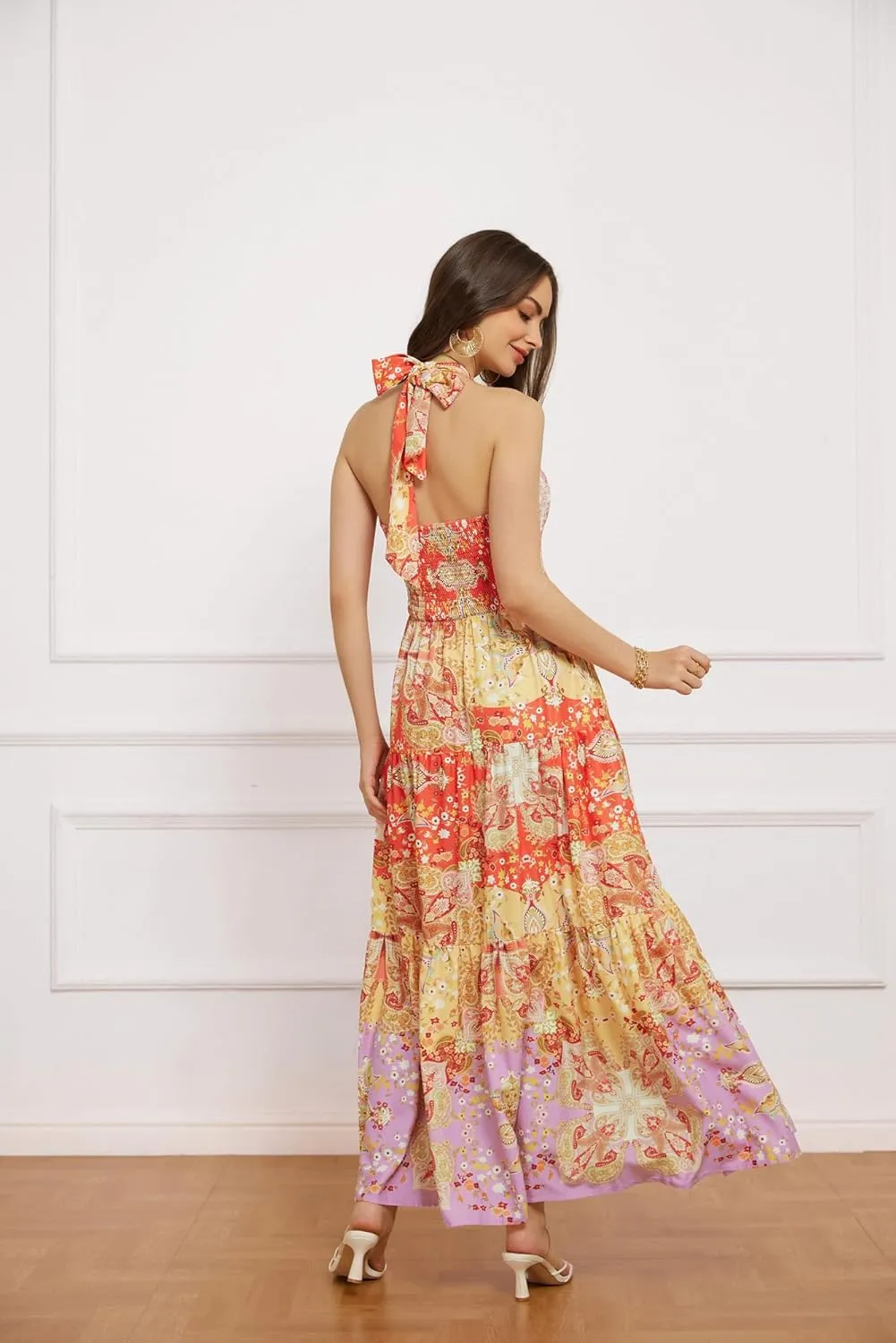 GRACE KARIN Women's Summer Dresses 2025 Halter Neck Sleeveless Smocked Backless Cut Out Floral Flowy A Line Maxi Dress