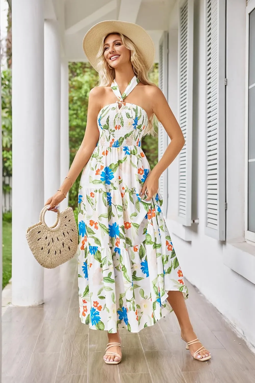 GRACE KARIN Women's Summer Dresses 2025 Halter Neck Sleeveless Smocked Backless Cut Out Floral Flowy A Line Maxi Dress