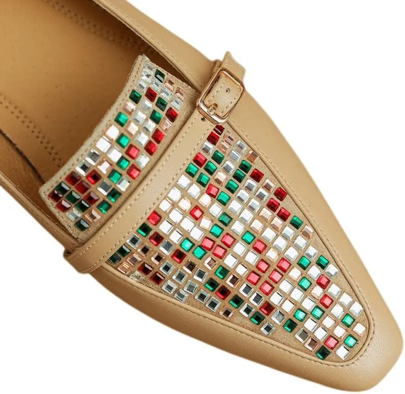 Handmade Women's Genuine Leather Colorful Rhinestones Slip On Square Toe Flats Loafer Shoes