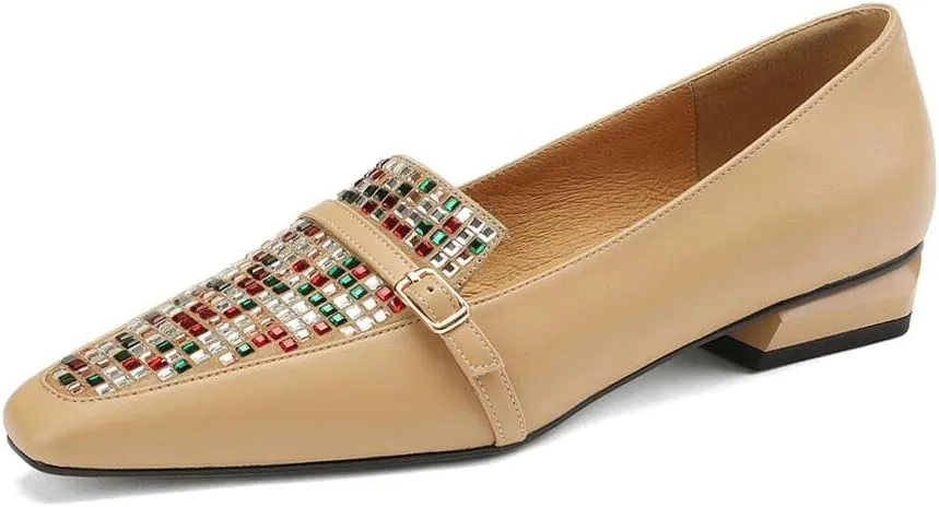 Handmade Women's Genuine Leather Colorful Rhinestones Slip On Square Toe Flats Loafer Shoes