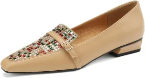 Handmade Women's Genuine Leather Colorful Rhinestones Slip On Square Toe Flats Loafer Shoes
