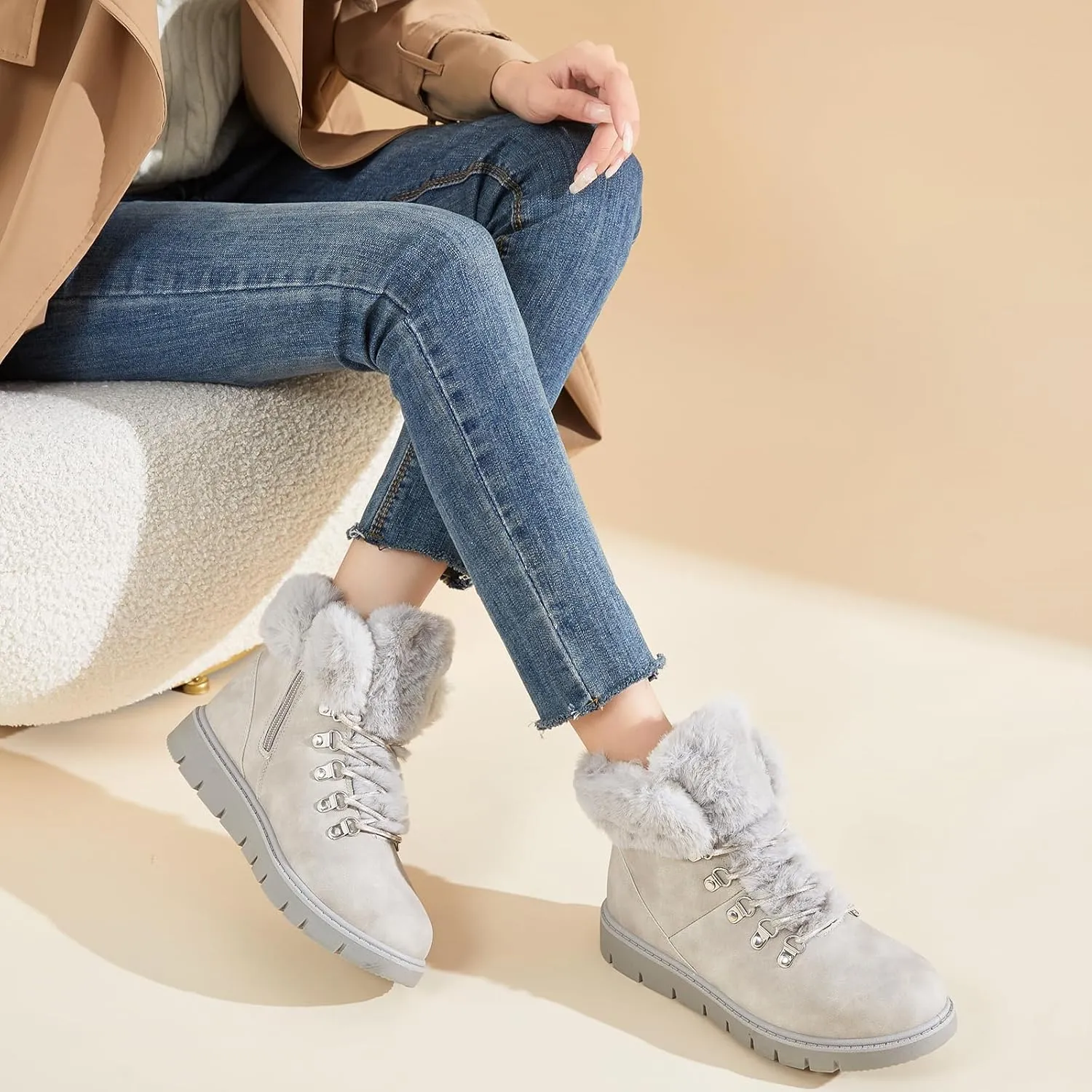 hash bubbie Women's Winter Boots Ankle Booties for Women Warm Fuzzy Boots Lace up PU Leather Snow Boots with Zipper