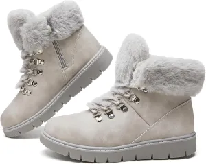 hash bubbie Women's Winter Boots Ankle Booties for Women Warm Fuzzy Boots Lace up PU Leather Snow Boots with Zipper