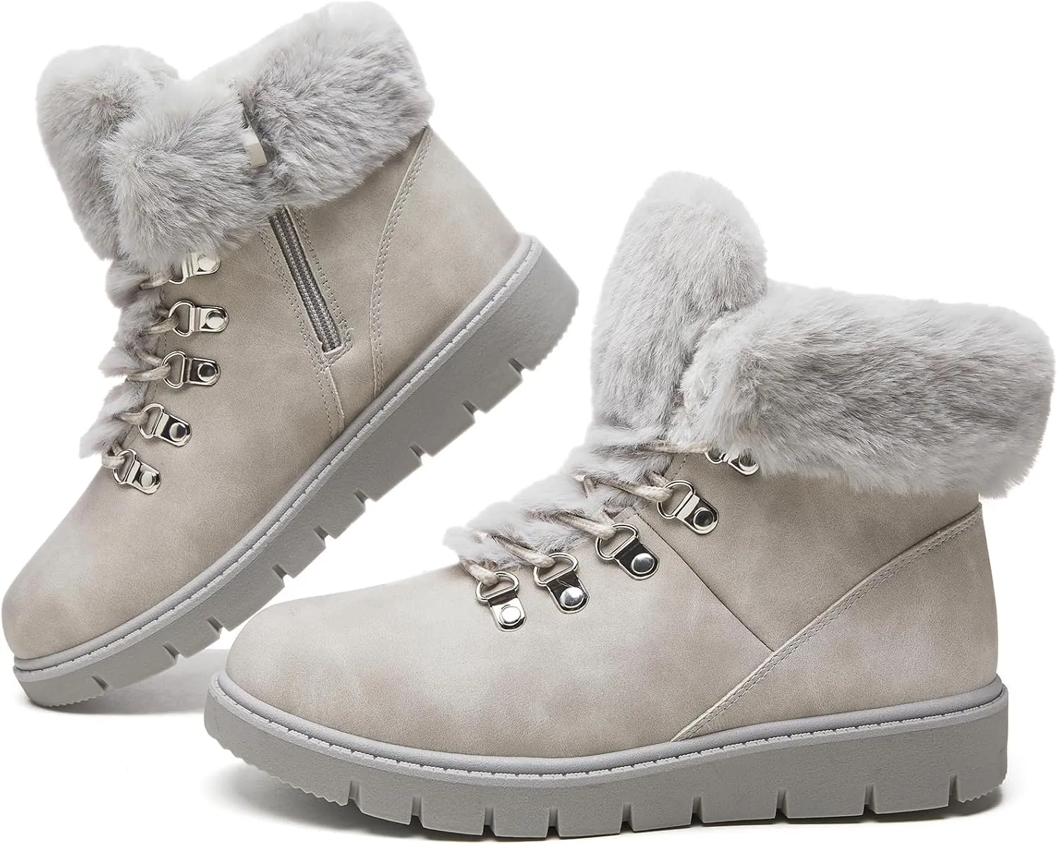 hash bubbie Women's Winter Boots Ankle Booties for Women Warm Fuzzy Boots Lace up PU Leather Snow Boots with Zipper