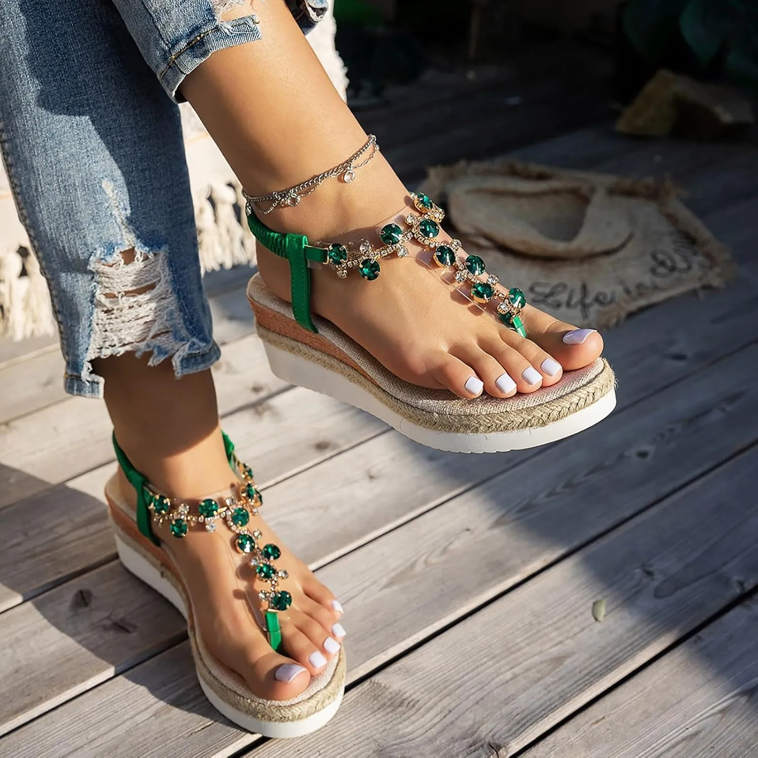 Hbeylia Bohemian Wedge Sandals for Women Wide Width Casual Platform Sandals Orthopedic Comfortable Walking Open Toe Jeweled Beaded Sandals Slip On Ankle Strap Dressy 2025 Summer Beach Shoes