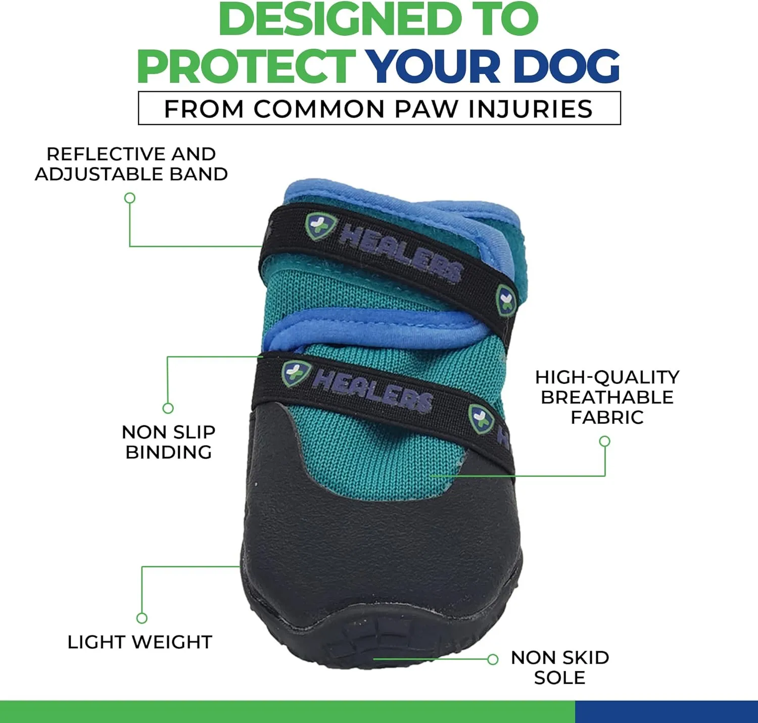 Healer's Pet Care Urban Walkers Non-Skid Puppy Shoes, Breathable Dog Shoes, All-Weather Dog Boots for Small Medium Dogs Hiking Paw Protector with Reflective Band 2PCS, 1-Pair (Teal - Small-Med)