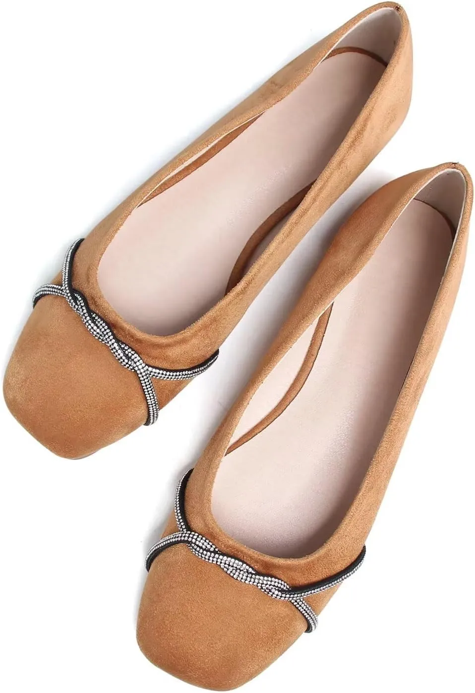 Hee grand Pointed Toe Ballet Flats for Women Suede Rhinestones Chains Black Dress Shoes Comfort Slip-On Loafers
