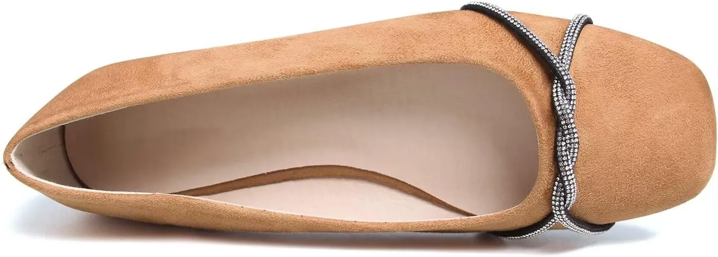 Hee grand Pointed Toe Ballet Flats for Women Suede Rhinestones Chains Black Dress Shoes Comfort Slip-On Loafers