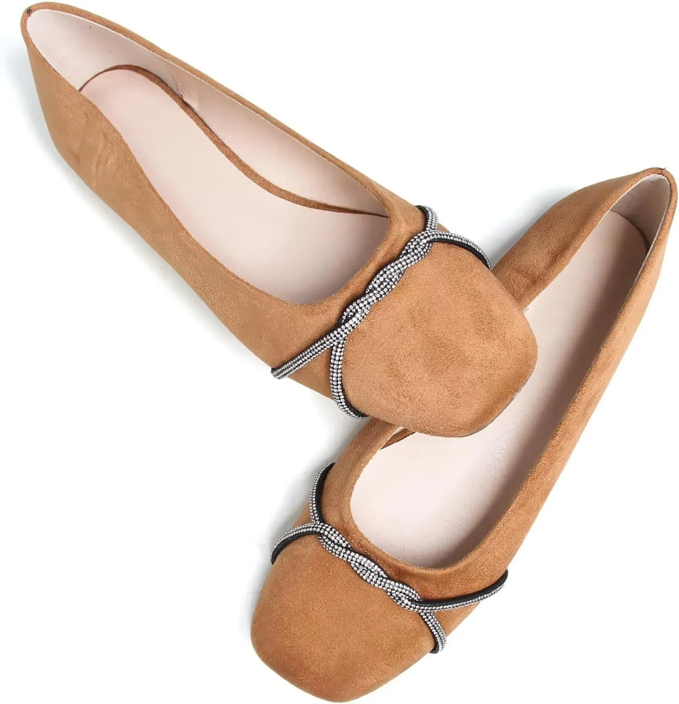 Hee grand Pointed Toe Ballet Flats for Women Suede Rhinestones Chains Black Dress Shoes Comfort Slip-On Loafers