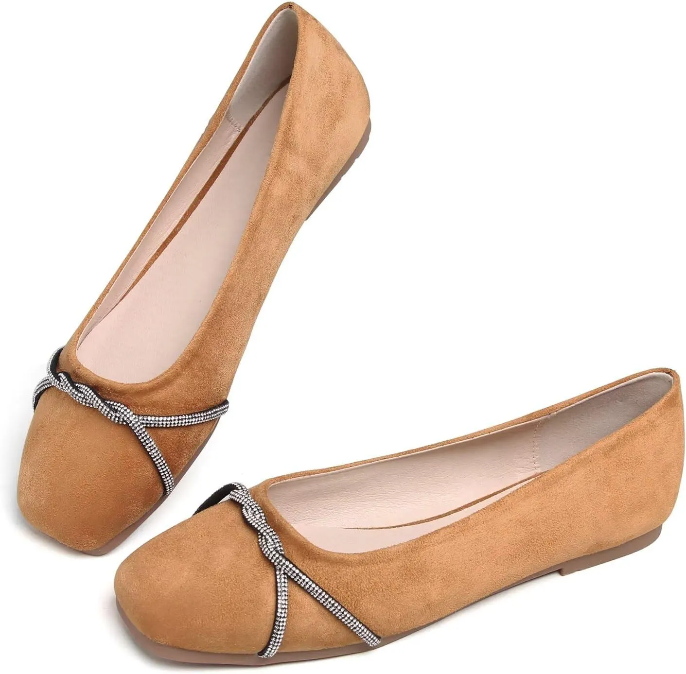 Hee grand Pointed Toe Ballet Flats for Women Suede Rhinestones Chains Black Dress Shoes Comfort Slip-On Loafers