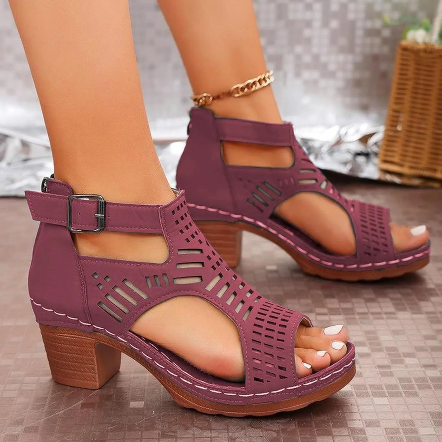 Heeled Sandals Women's Low Block Chunky Heels Sandals Fish Mouth Breathable Hollow Out Walking Shoes Adjustable Ankle Strap Wide Available Shoes for Summer And Daily Wear
