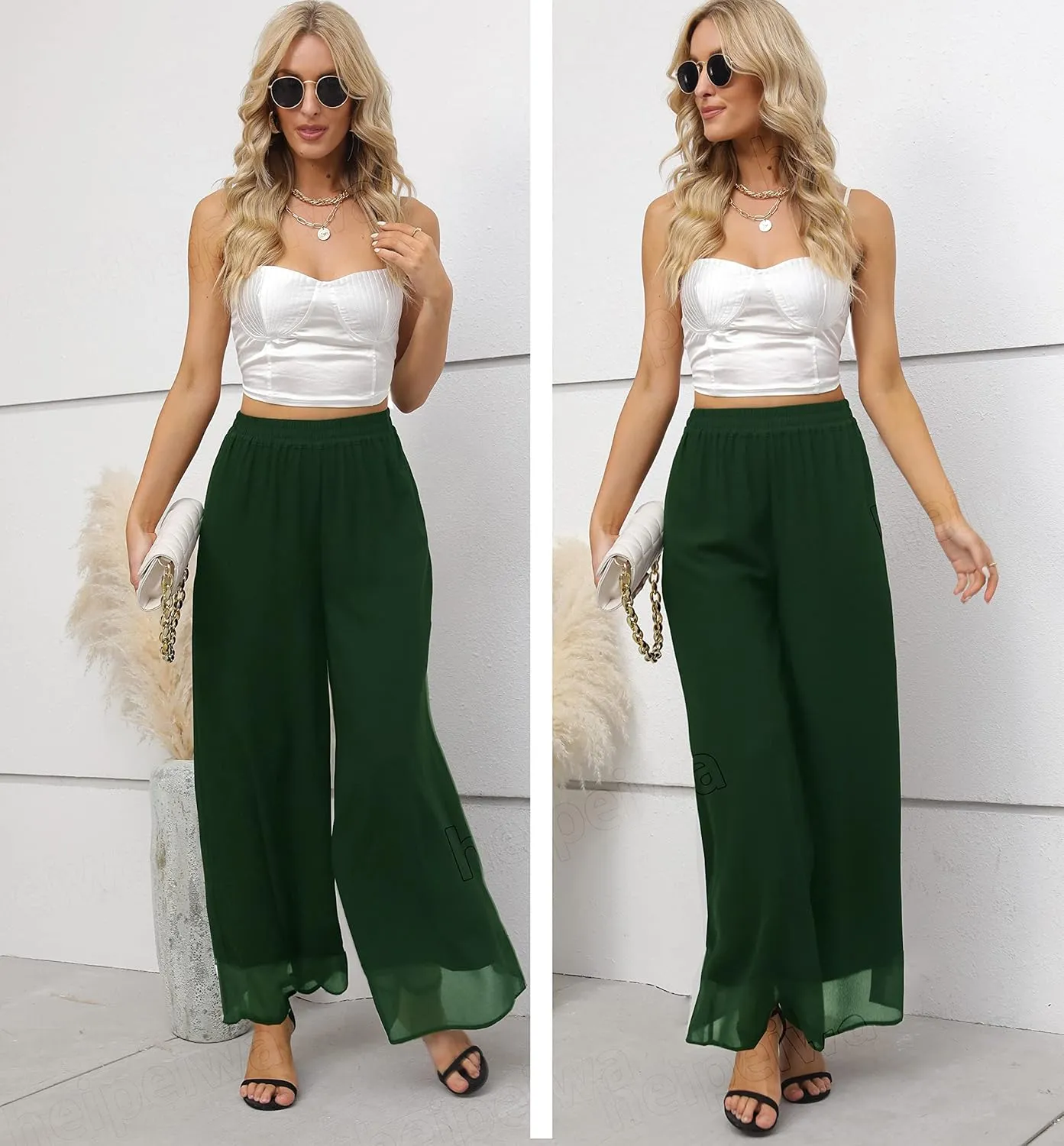 heipeiwa Women's Chiffon Dress Beach Wide Leg Palazzo Pants Elastic Waist Trouser