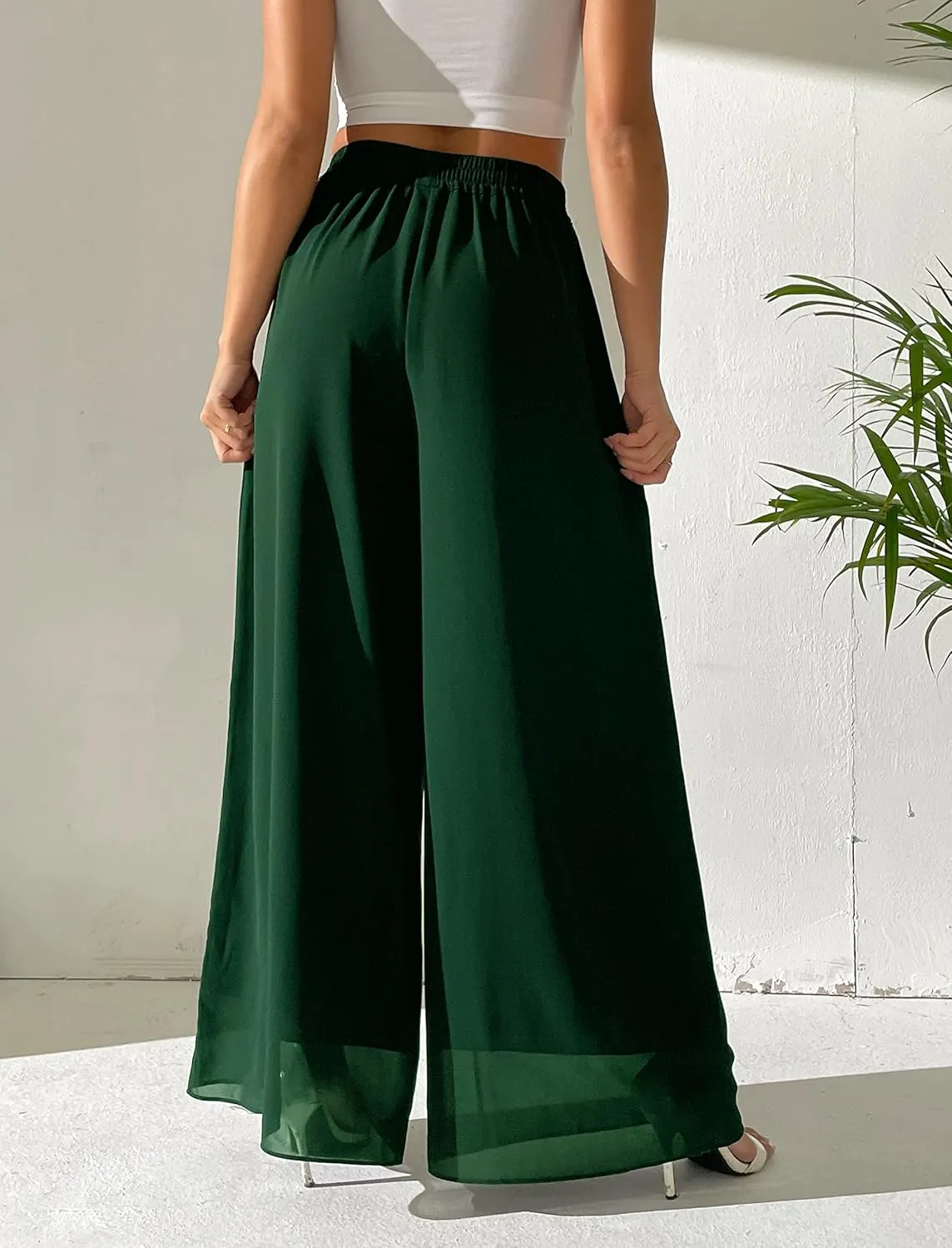 heipeiwa Women's Chiffon Dress Beach Wide Leg Palazzo Pants Elastic Waist Trouser