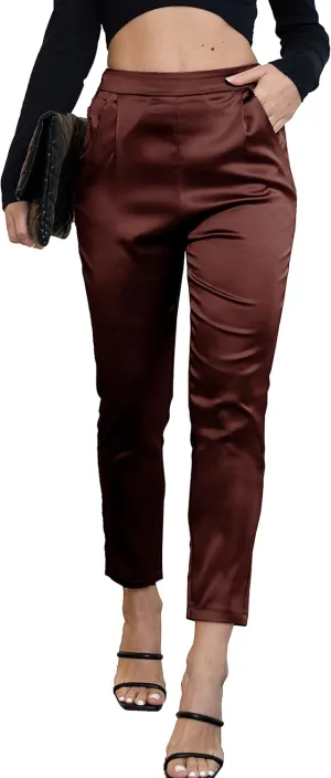 heipeiwa Women's Satin Pants Dress Casual Pleated Pull on High Waist Pants Baggy Front Tapered Trouser