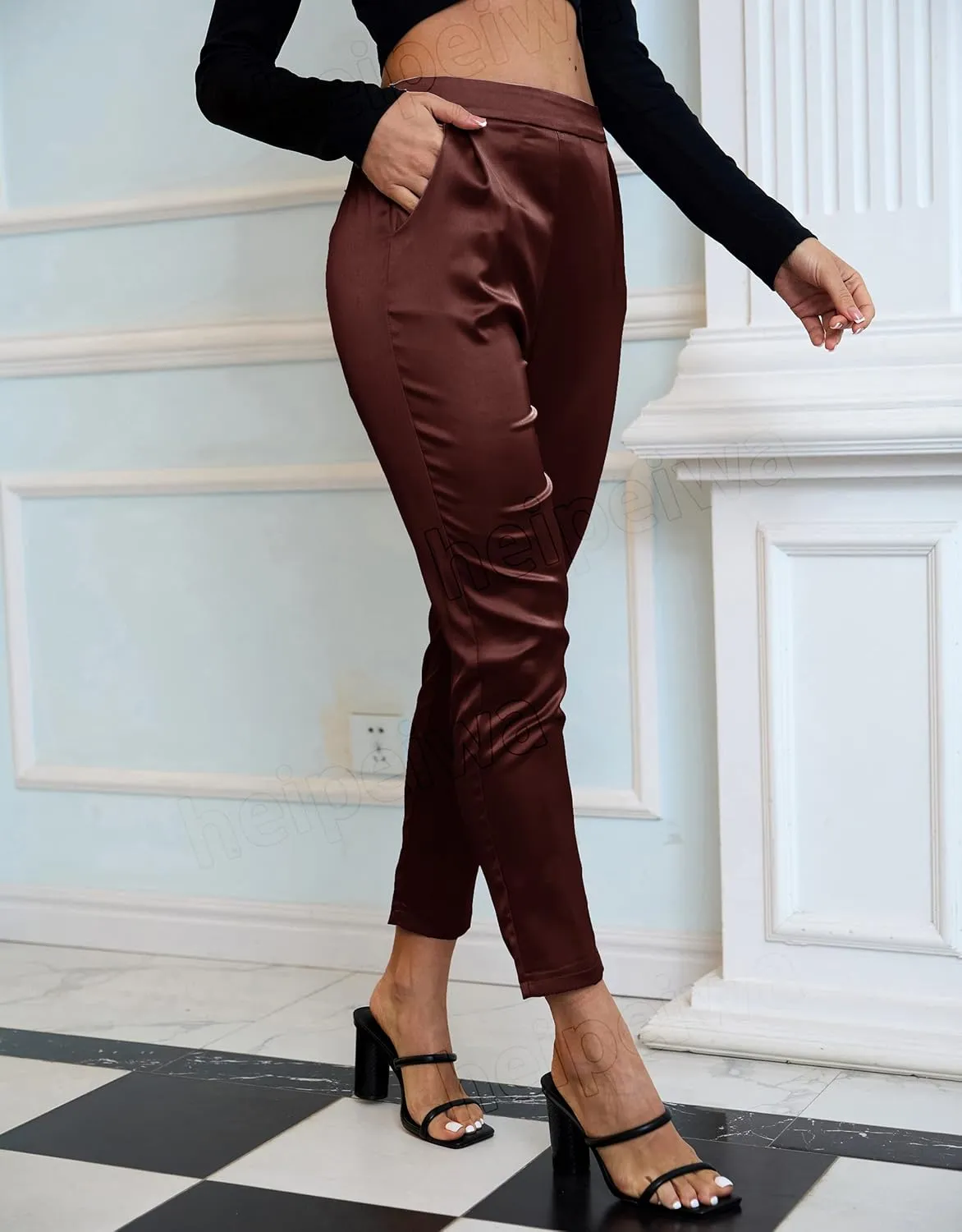 heipeiwa Women's Satin Pants Dress Casual Pleated Pull on High Waist Pants Baggy Front Tapered Trouser