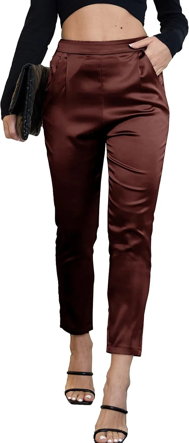heipeiwa Women's Satin Pants Dress Casual Pleated Pull on High Waist Pants Baggy Front Tapered Trouser