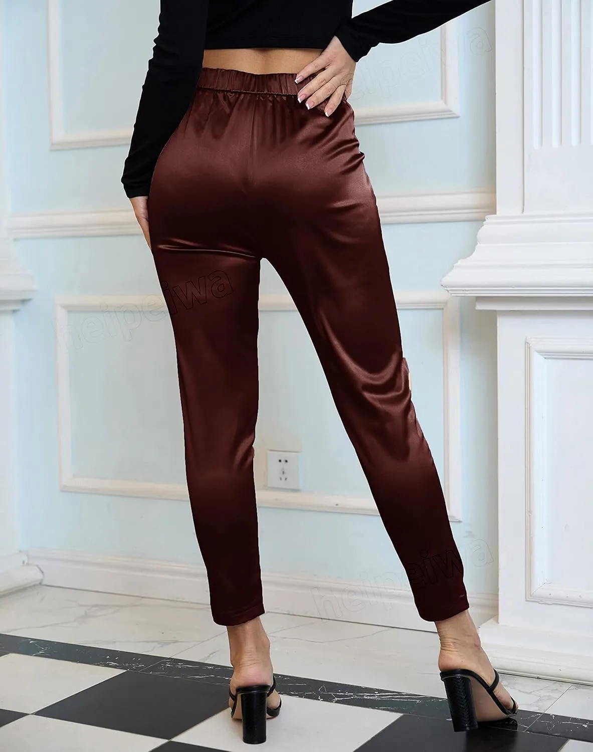 heipeiwa Women's Satin Pants Dress Casual Pleated Pull on High Waist Pants Baggy Front Tapered Trouser