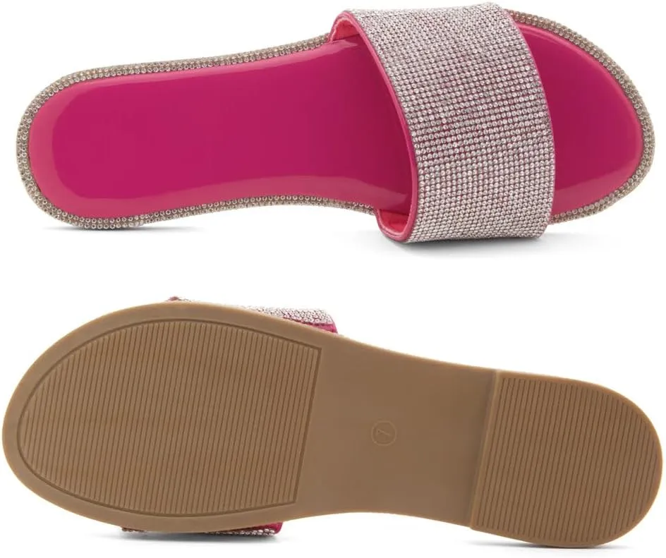 Herstyle Showstopper Women's Flat Sandals, Fashion Rhinestone Slides, Open Toe Slip-On Slippers with Cushioned Footbed, Casual Bling Sandals for Summer and Daily Wear