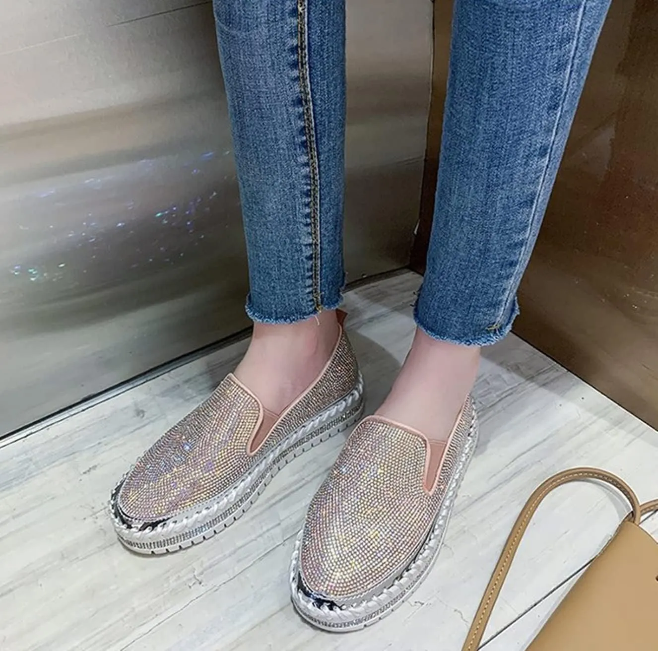 HINDOLA Women's Sparkly Fashion Sneakers Rhinestone Slip on Flatform Loafers Low Top Bling Casual Walking Shoes