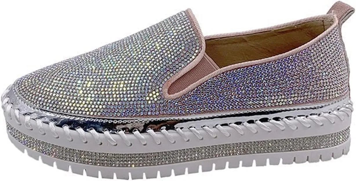 HINDOLA Women's Sparkly Fashion Sneakers Rhinestone Slip on Flatform Loafers Low Top Bling Casual Walking Shoes