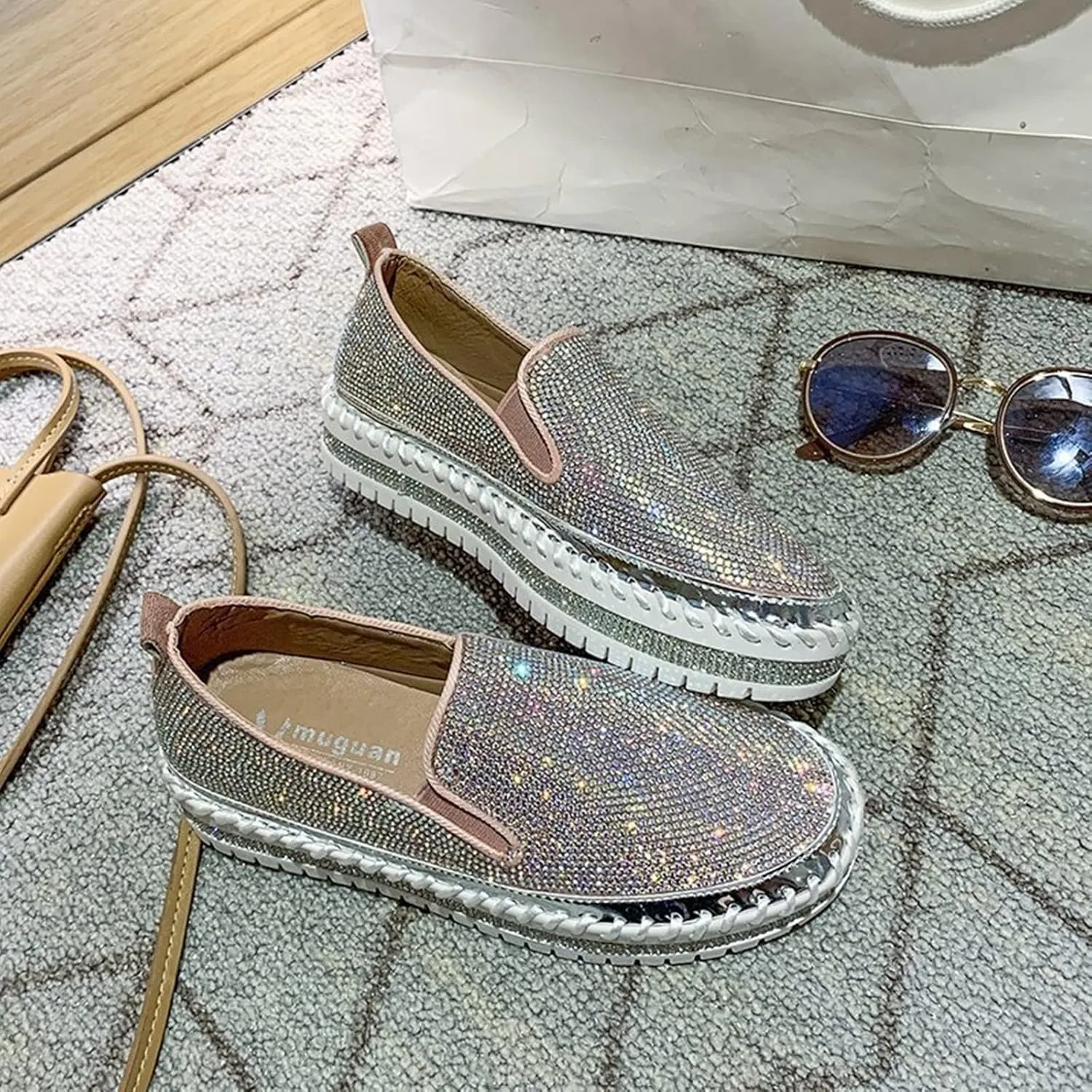 HINDOLA Women's Sparkly Fashion Sneakers Rhinestone Slip on Flatform Loafers Low Top Bling Casual Walking Shoes