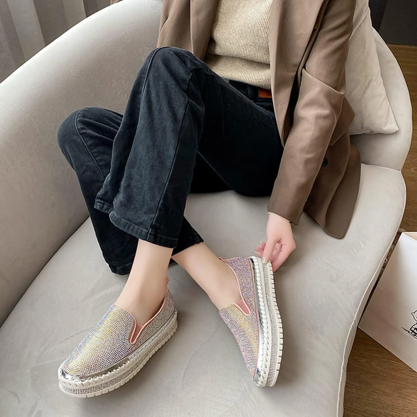 HINDOLA Women's Sparkly Fashion Sneakers Rhinestone Slip on Flatform Loafers Low Top Bling Casual Walking Shoes
