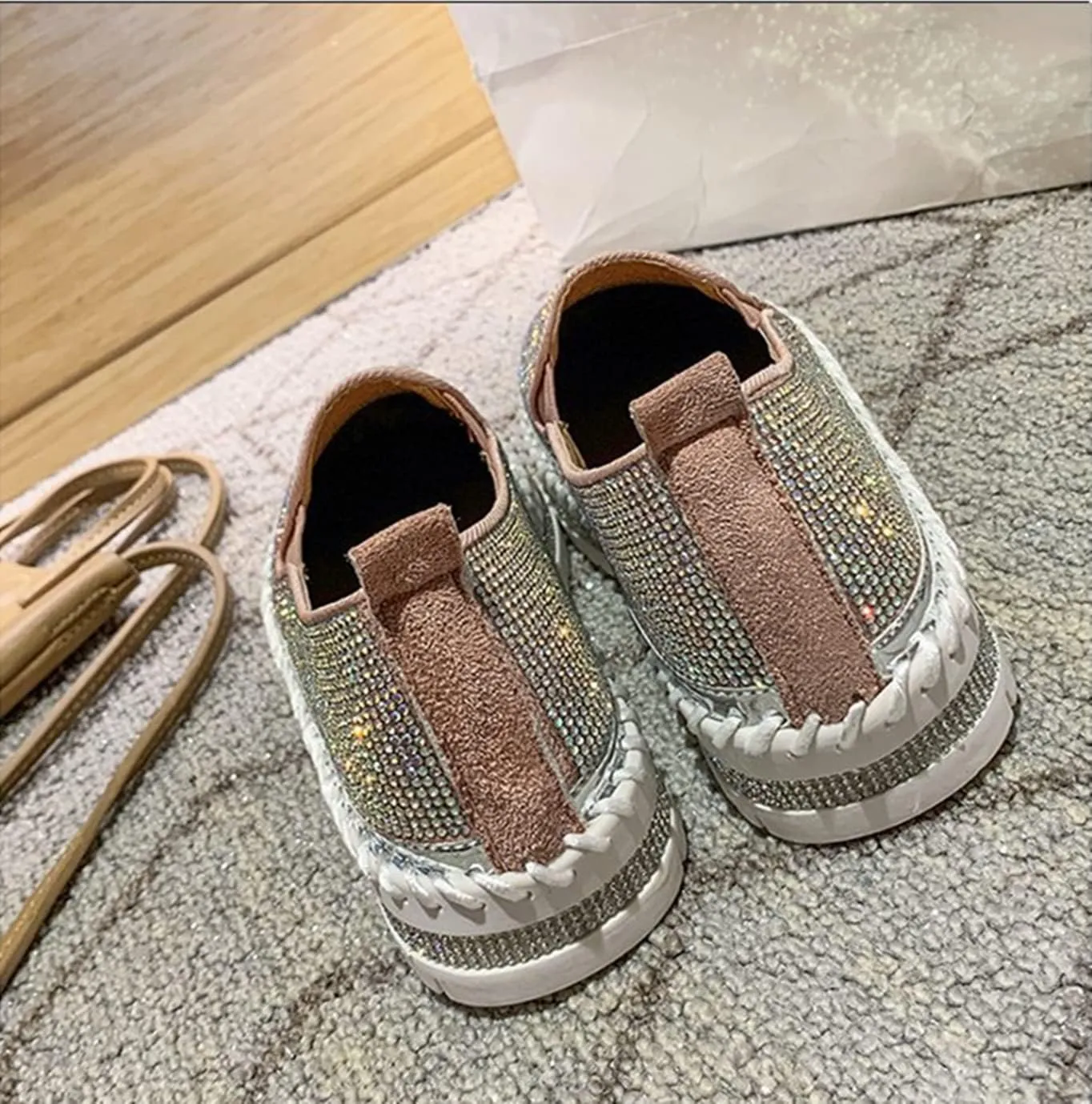 HINDOLA Women's Sparkly Fashion Sneakers Rhinestone Slip on Flatform Loafers Low Top Bling Casual Walking Shoes