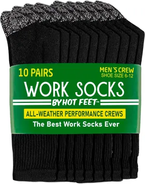 HOT FEET Work Socks for Men, Long All Weather Boot Crew Cotton Socks, Cushioned, Moisture Wicking, 10 Pack, Size 6–12.5