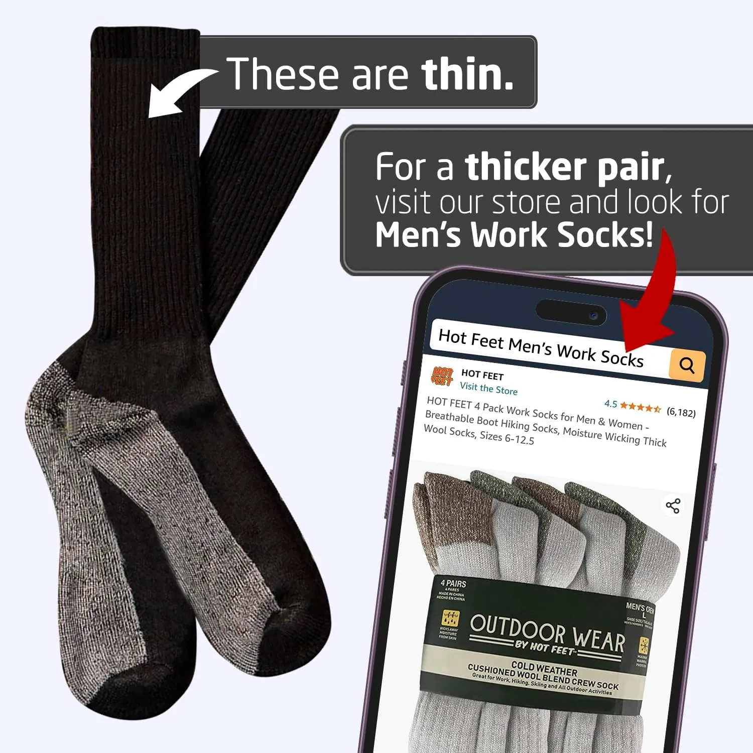 HOT FEET Work Socks for Men, Long All Weather Boot Crew Cotton Socks, Cushioned, Moisture Wicking, 10 Pack, Size 6–12.5