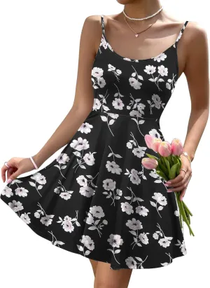 HOTOUCH Women's Summer Dress Adjustable Spaghetti Strap Floral Mini Casual Dress with Pockets Fit & Flare Beach Sundress