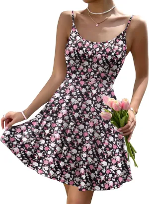 HOTOUCH Women's Summer Dress Adjustable Spaghetti Strap Floral Mini Casual Dress with Pockets Fit & Flare Beach Sundress