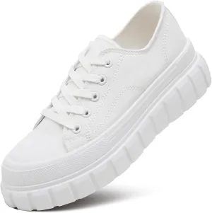 HYPOCRUTE Platform Sneakers for Women Low Top Canvas Shoes Womens Lace Up Platform Shoes Casual Walking Shoes for Women（White,US10）