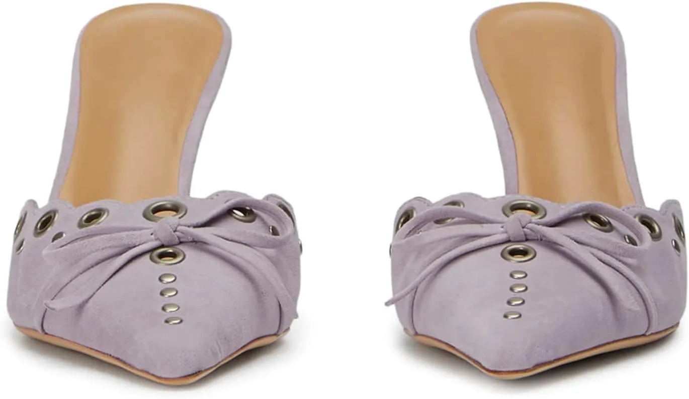 iadore Women's High Heel Mules, 3.2'' Closed Pointed Toe Bowknot Hollow-Out Slip-on Sandals with Antiqued Rivets Casual Office Dress Shoes