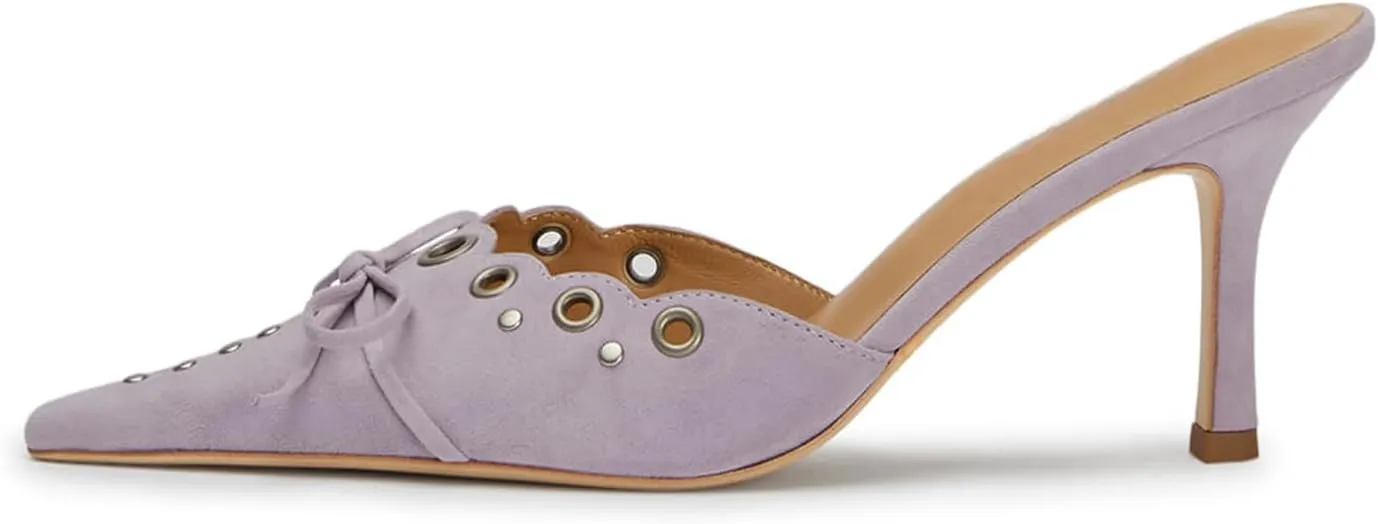 iadore Women's High Heel Mules, 3.2'' Closed Pointed Toe Bowknot Hollow-Out Slip-on Sandals with Antiqued Rivets Casual Office Dress Shoes