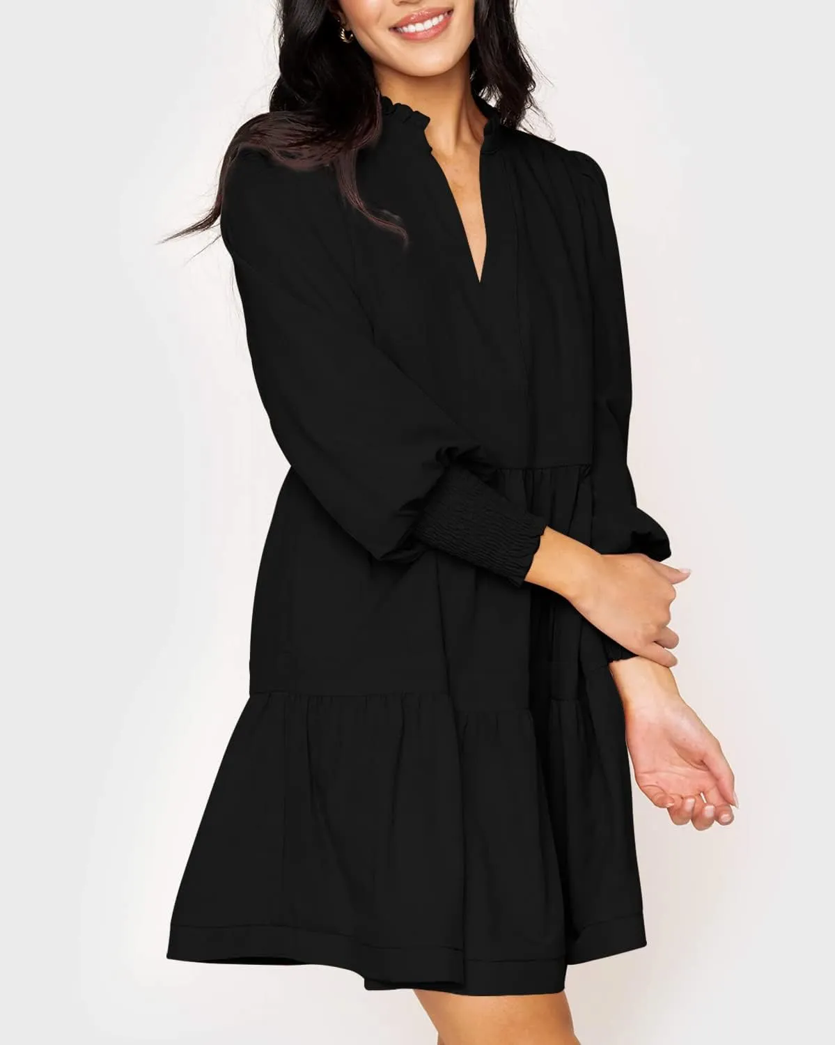 Imily Bela Womens Fall Long Sleeve Tunic Dress Casual V Neck Loose Ruffle Tiered Dress