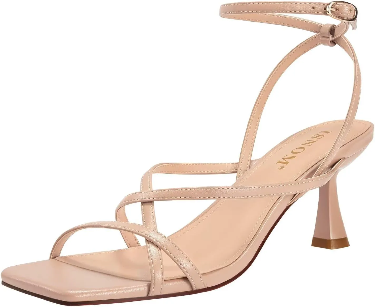 ISNOM Strappy Sandals for Women Kitten Heels Lace Up Heels Stiletto Heels Wrap Around Heels with Square Toe