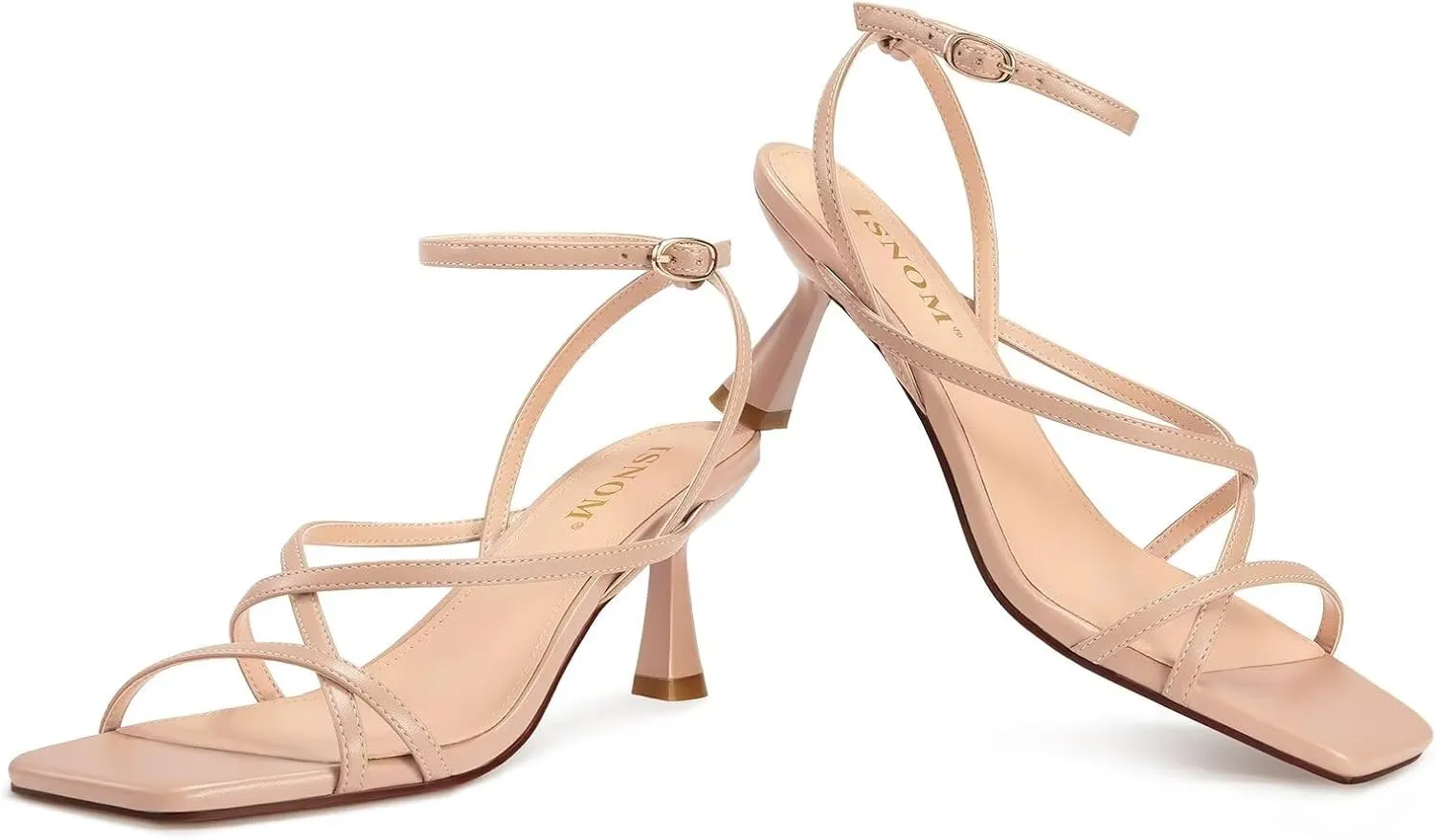 ISNOM Strappy Sandals for Women Kitten Heels Lace Up Heels Stiletto Heels Wrap Around Heels with Square Toe