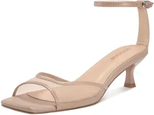 ISNOM Womens Mesh Kitten Heels Sandals Square Toe Ankle Buckle Strap Low Heels Comfort Summer Dress Shoes