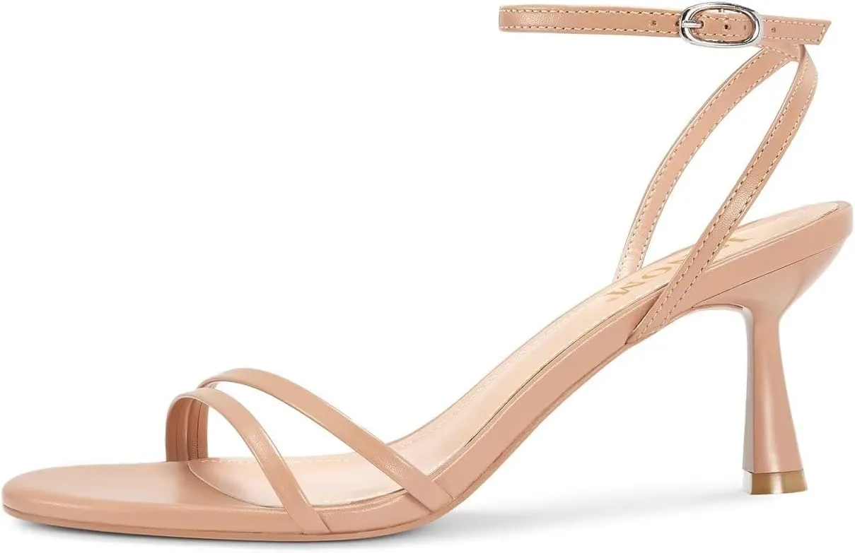 ISNOM Womens Sandals Round Toe Low Heels Strappy Ankle Strap Kitten Heel Comfort Dress Party Shoes