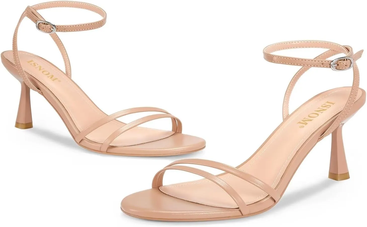 ISNOM Womens Sandals Round Toe Low Heels Strappy Ankle Strap Kitten Heel Comfort Dress Party Shoes